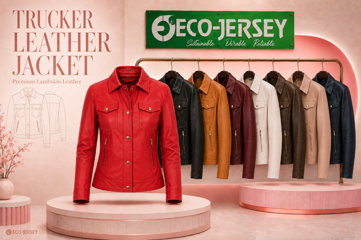 Red leather trucker jacket hero section banner by Eco Jersey