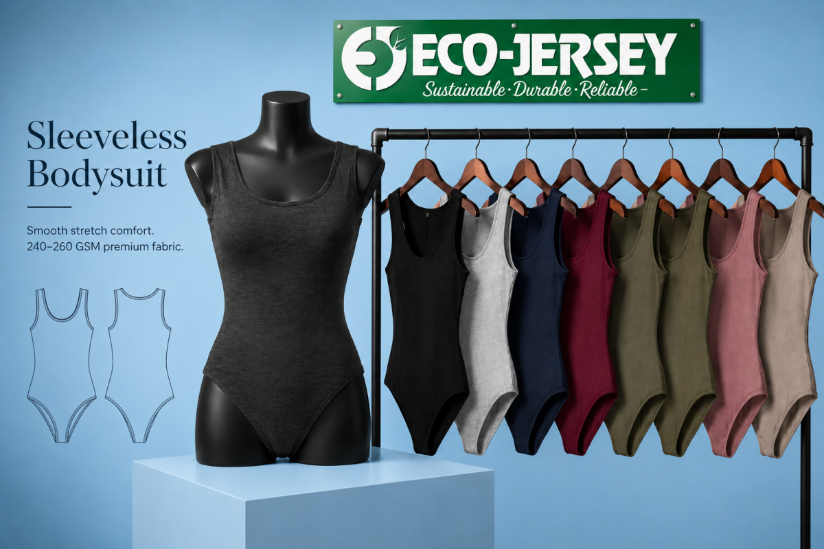 Sleeveless bodysuit hero section showing smooth stretch comfort 240-260 GSM premium fabric in multiple colors, custom manufacturing by Eco Jersey
